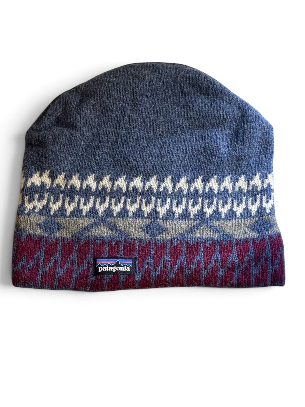 Patagonia Blue and Burgundy Wool Blend Knit Beanie